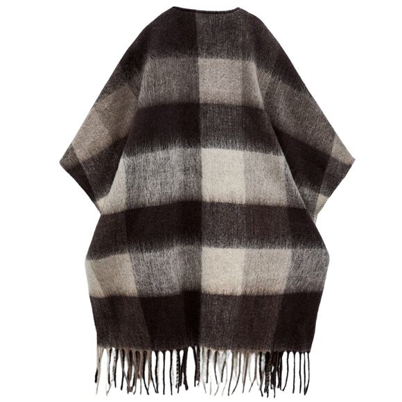 ZARA Fringed Plaid Poncho checked fringe boho open front sweater dark camel Sz M - Picture 2 of 9